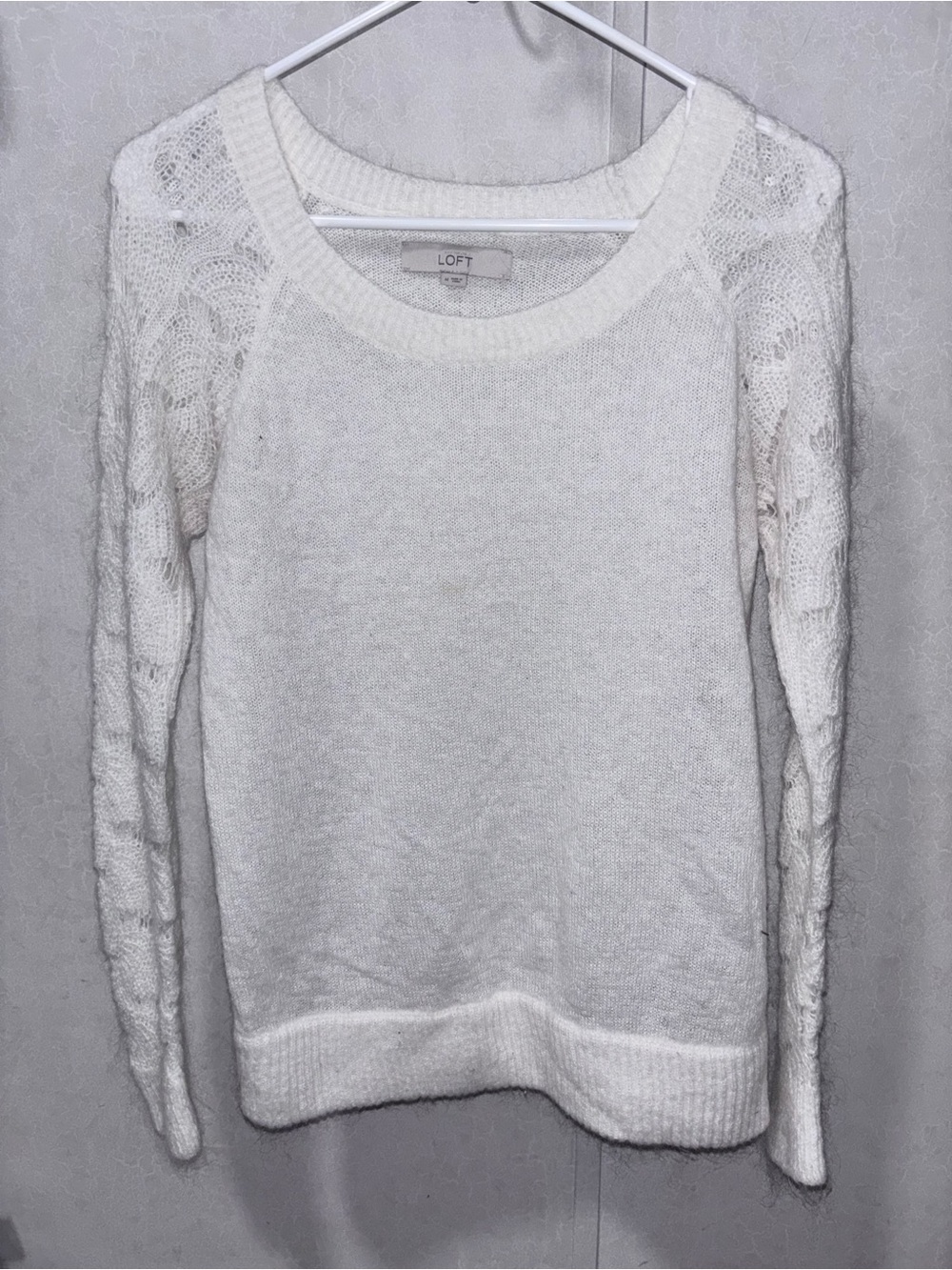 LOFT Cream Crewneck Sweater with Lace-Pattern Sleeves